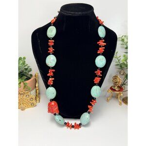 Vintage Genuine Turquoise Red Coral & Onyx Statement Necklace Carved Buddha